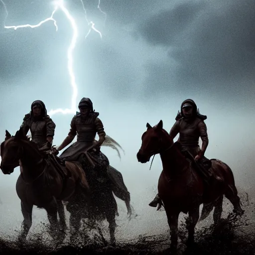 Image similar to a dramatic 85mm cinematic shot of the 4 horseman of the Apocalypse riding through storm and chaos, dramatic lightning, dark, filthy, mud, horror, trending artstation, octane render, 8k,