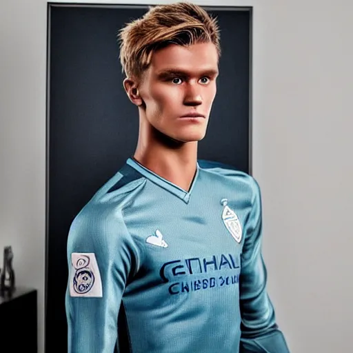 Image similar to a realistic detailed photo of a guy who is an attractive humanoid who is half robot and half humanoid, who is a male android, soccer player martin ødegaard, shiny skin, posing like a statue, blank stare, in a living room, on display, showing off his muscles, with a twin