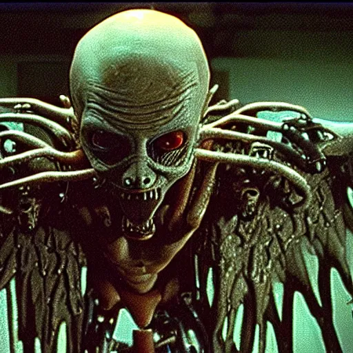 Prompt: a scary filmic wide shot color ground level angle movie still 3 5 mm film photograph of the full body of a winged fallen angel wielding a sword, with a grotesque variety of cybernetic limbs protruding from its torso inside a lab, in the style of nature documentary footage, the thing 1 9 8 2, 8 k resolution