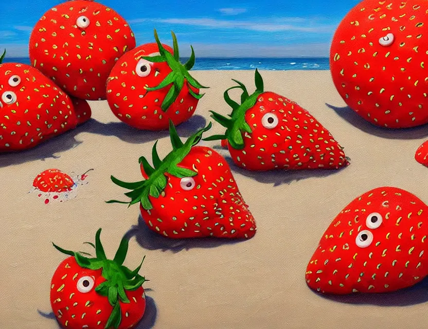 Prompt: a funny detailed high resolution oil painting with rough old brush of a lazy red burning tomato with many googly eyes on a beach to hot for the sun, big piles of strawberry icecream in cones falling from the sky on a sunset by james jean