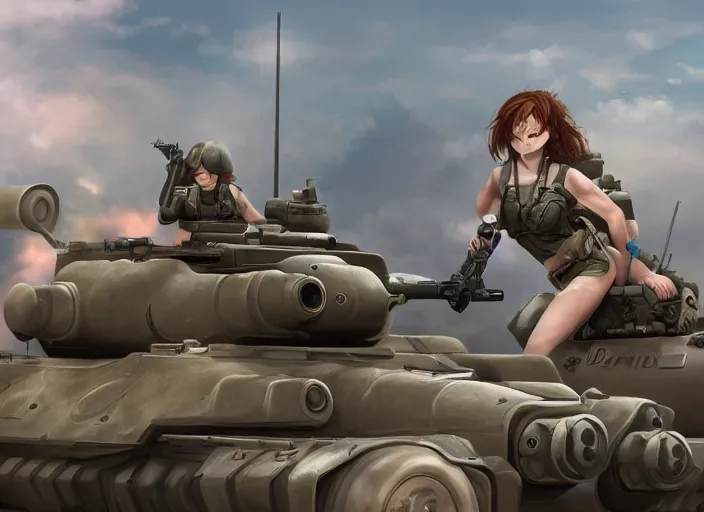 Image similar to Female tank crew posing triumphantly next to their tank, tankobon, trending on artstation, highly detailed