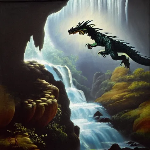 Image similar to oil painting of a dragon flying in the air near a cave with a waterfall in the center, light emanating from the waterfall leading to a big pool of water, dragon has black and white stripes, elegant, sharp focus, wide shot, clear, detailed, early renaissance