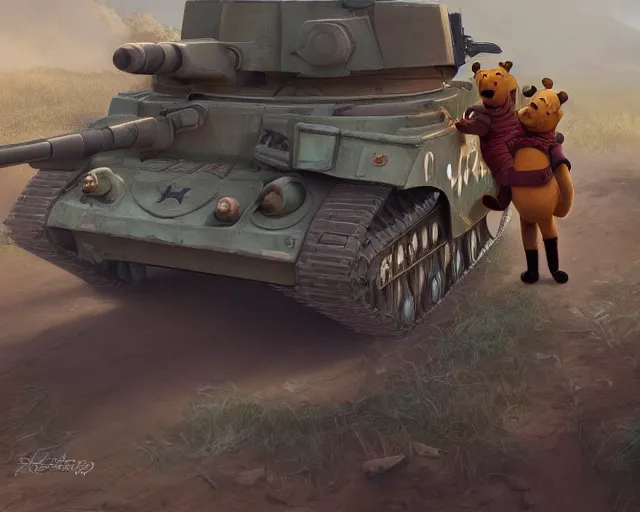 Image similar to defiant winnie the pooh sitting down on road blocking chinese tanks, soldiers approaching, award winning photography, extremely detailed, artstation, 8 k, dramatic lighting, incredible art, wlop, artgerm
