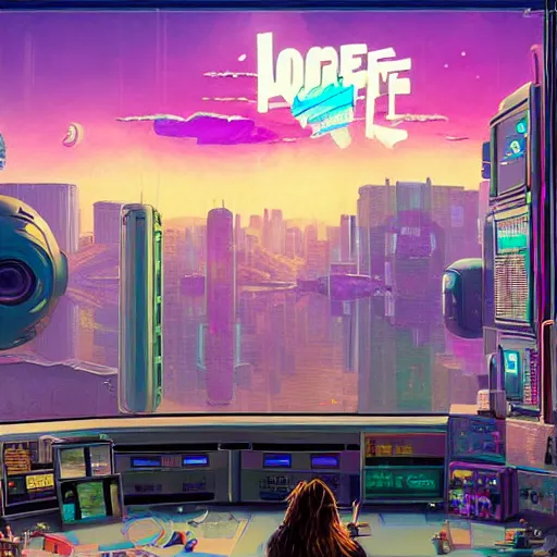 Image similar to Lofi vaporwave sci-fi cyberpunk epic video game room with large window looking out at overpopulated future city, Pixar style, Tristan Eaton, Stanley Artgerm, Tom Bagshaw