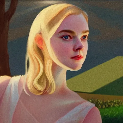 Prompt: Elle Fanning, head and shoulders masterpiece, in space, golden hour, in a garden, artstation, in the style of Art Deco and Edward Hopper and Bosch