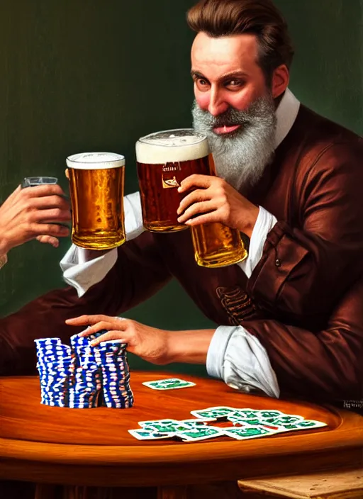 Prompt: large computer table octoberfest invite card, beardless man drinking beer, poker table, beer glasses, hot dogs, photoshoot, 4 k, hyper realistic, natural, highly detailed, digital illustration, trending in artstation, classical painting, smooth, sharp focus art by ilya repin