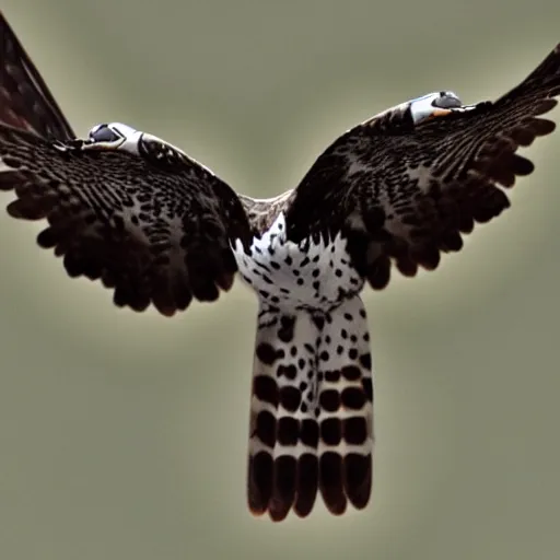 Image similar to falcon with the face of a frog flying in the sky with clouds