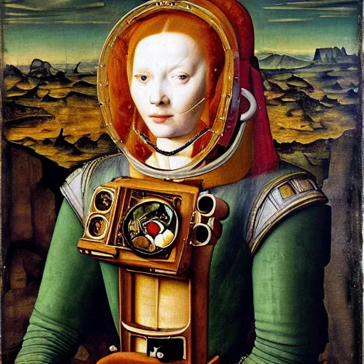 Prompt: 1 4 0 0 s renaissance portrait of an android woman astronaut with personal spaceship, with oil painting by jan van eyck, northern renaissance art, oil on canvas, wet - on - wet technique, realistic, expressive emotions, intricate textures, illusionistic detail
