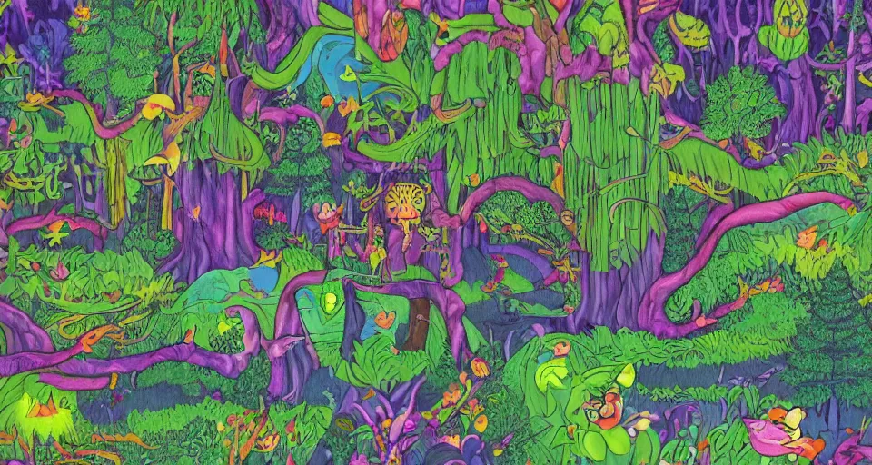 Prompt: A dense and dark enchanted forest with a swamp, by Lisa Frank,