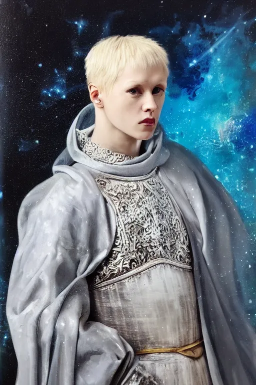 Image similar to hyperrealism oil painting, close - up portrait of albino medieval fashion model, knight, steel gradient mixed with nebula sky, in style of baroque