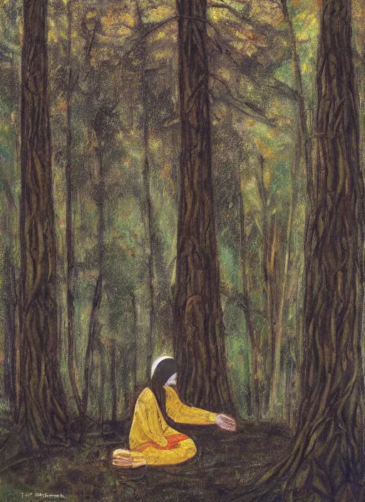 Prompt: single woman praying at a forest alter Frank Frazzetta