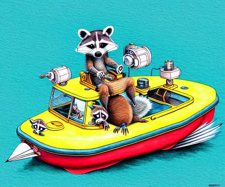 Image similar to cute and funny, racoon driving a tiny pontoon boat with party lights, ratfink style by ed roth, centered award winning watercolor pen illustration, isometric illustration by chihiro iwasaki, edited by craola, tiny details by artgerm and watercolor girl, symmetrically isometrically centered