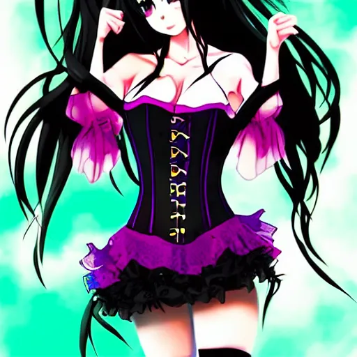 Image similar to a beautiful anime anime anime anime anime anime woman with long black hair, wearing a black corset top and a purple tutu, art by Steve Argyle