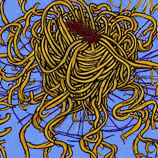 Prompt: worshipping the flying spaghetti monster