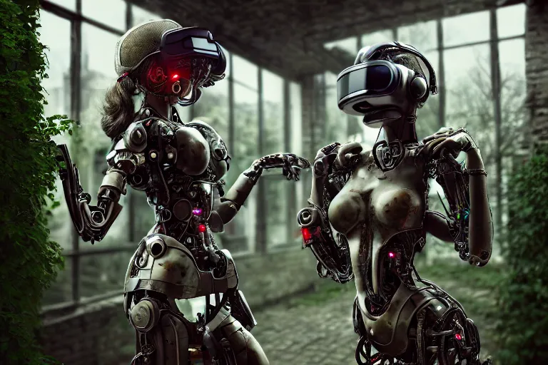 Image similar to Broken cyborg girl with VR helmet on old courtyard with mud and an old playground between two soviet five-storey overgrown with ivy panel houses, high details, cinematic, 8k resolution, beautiful detailed, insanely intricate details, artstation trending, rule of third, octane render, unreal engine