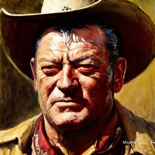 Prompt: Solomon Joseph Solomon and Richard Schmid and Jeremy Lipking victorian genre painting portrait painting of John Wayne a old rugged cowboys gunfighter old west character in fantasy costume, red background