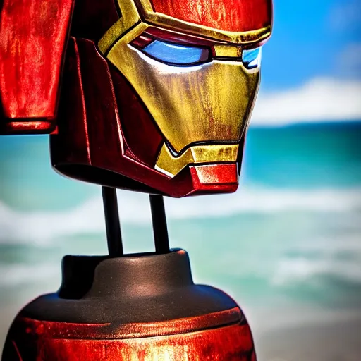 Image similar to a closeup photorealistic photograph of an iron man style tiki mug at a trader vic's beach bar featuring the face of iron man. tiki party. bright scene. fine detail. this 4 k hd image is trending on artstation, featured on behance, well - rendered, extra crisp, features intricate detail, epic composition and the style of unreal engine.