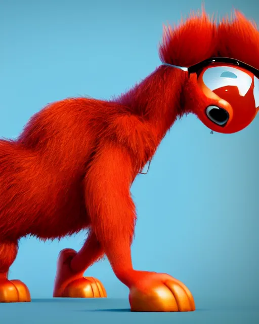 Image similar to 3 d render of completely red hairy friendly antropomorphic robust creature wearing chrome shades, without nose, full body, in the style of pixar, white background, unreal engine 5, octane render, highly detailed hdr