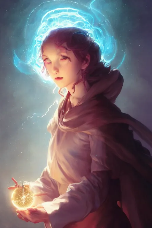 Image similar to a cute wizard girl conjuring a lightening ball, character art portrait, anime key visual, official media, illustrated by tom bagshaw, wlop, william bouguereau, extremely detailed, 8 k, trending on artstation, cinematic lighting, beautiful