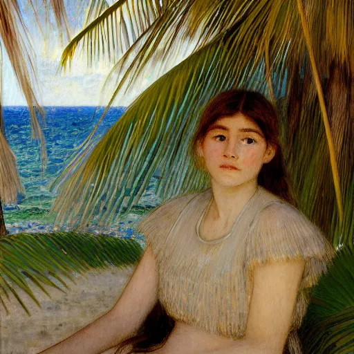 Image similar to a ultradetailed beautiful painting of a girl in the amazonas palace designed by jules bastien - lepage, hans belmer, frank weston and gustave baumann, beach, trending on artstation, mediterranean, palm trees, light sparkles, sharp focus, soft light, 8 k 4 k