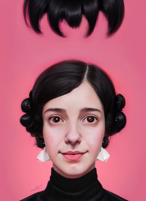 Image similar to portrait of high school girl, realistic, black hair, bangs, half updo hairstyle, pointy nose, skinny, smile, ugly, defined jawline, big chin, pink hair bow, earrings, intricate, elegant, glowing lights, highly detailed, digital painting, artstation, sharp focus, illustration, art by wlop, mars ravelo and greg rutkowski