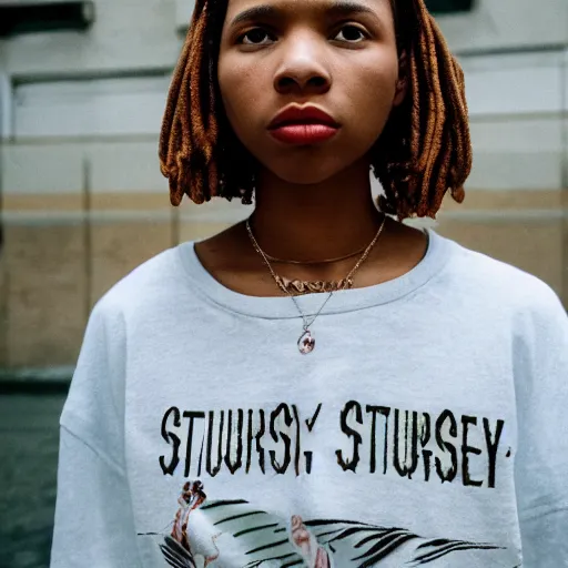 Image similar to realistic photoshooting for a new stussy!!! lookbook, color film photography, photo of a woman, photo in style of tyler mitchell, 3 5 mm