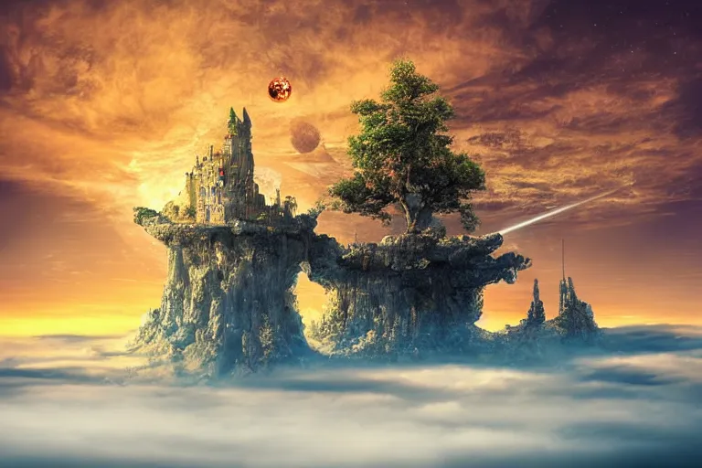 Image similar to a castle above the clouds by toumas korpi, sunset, celestial vortex, mini planets, giant tree - shaped spaceship