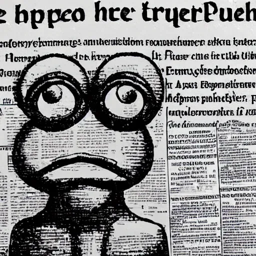 Prompt: pepe the frog at the nuremberg trials, 8k, newspaper photography