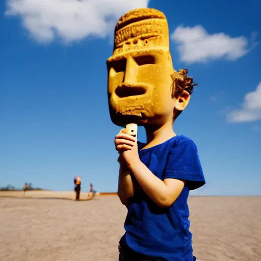 Image similar to a very upset and crying kid holding an ice cream cone with a small moai statue in the ice cream cone, 4 k photograph