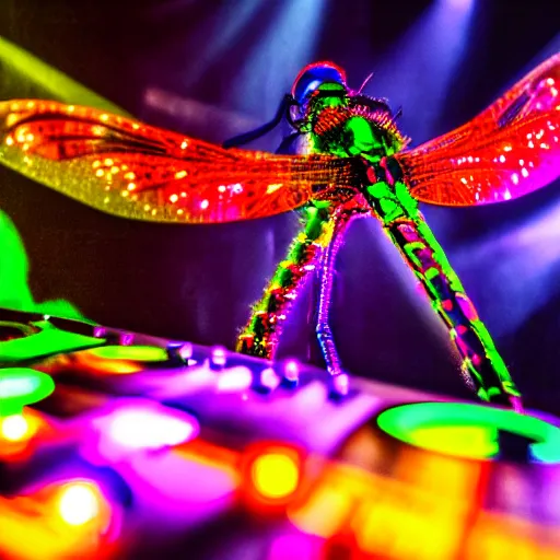 Prompt: A hd photo of a Dj playing his mixer in a rave with a lot of dragonflies around him. neon dragonfly, lights