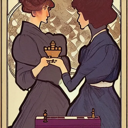 Image similar to two young edwardian women playing chess, in the style of mucha