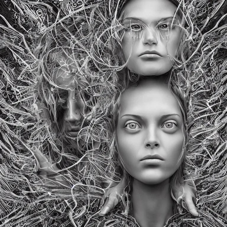 Prompt: An epic photo illustration of female symmetrical portrait by Michael Sydney Moore, Alex Grey, Irakli Nadar, hyper detailed, 50mm, award winning photography