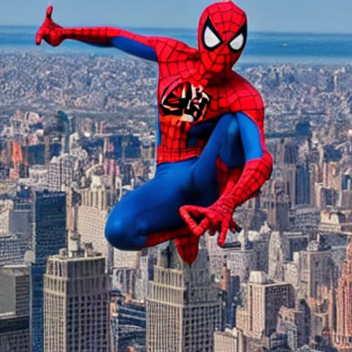 Image similar to spiderman standing on top of the empire state building