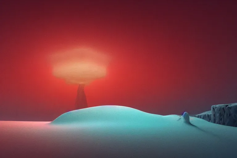 Image similar to a hd render of a surreal frozen landscape, cinematic lighting, by beeple and zdzisław beksinski, red color scheme