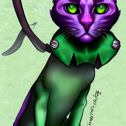 Image similar to d & d style, upper body portrait, tabaxi male, wearing studded leather, one eye green the other purple.