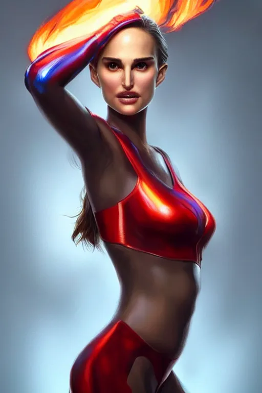 Image similar to hyper - realistic, gorgeous!!! woman resembling natalie portman as a superhero with fire powers | intricate, highly detailed, digital painting, artstaion, smooth, sharp focus, character desgin, concept art, illustration | art by artgerm & jeehyung lee & wlop