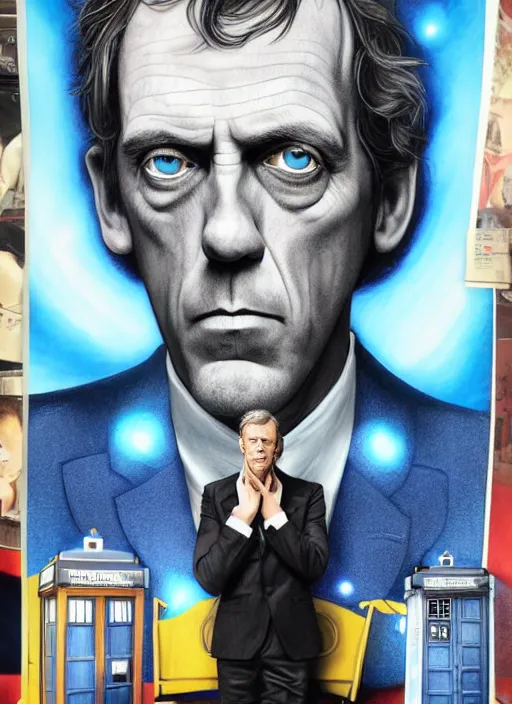 Prompt: portrait of hugh laurie standing next to the tardis from doctor who, portrait, pixar style, by tristan eaton stanley artgerm and tom bagshaw.