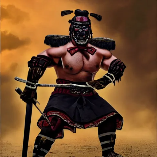 Image similar to big buff very strong very buff samurai wearing an oni mask, movie still