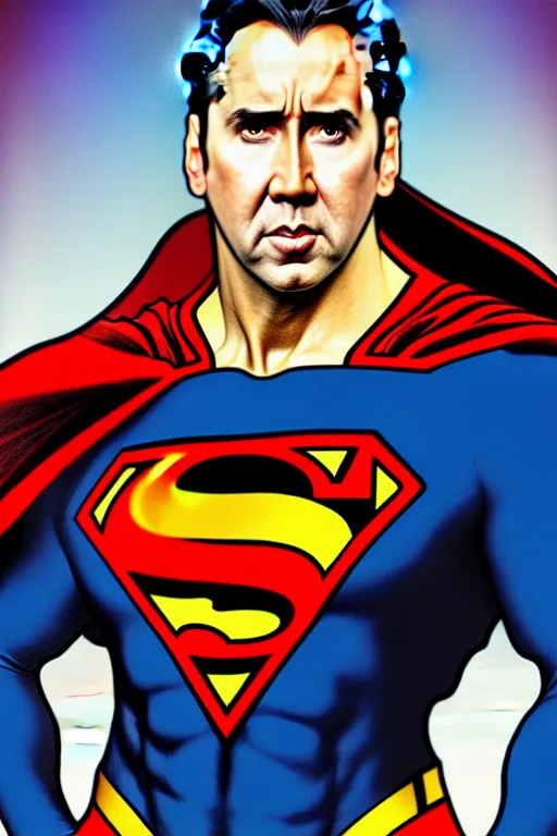 Prompt: nicolas cage as superman, art by artgerm and greg rutkowski and alphonse mucha