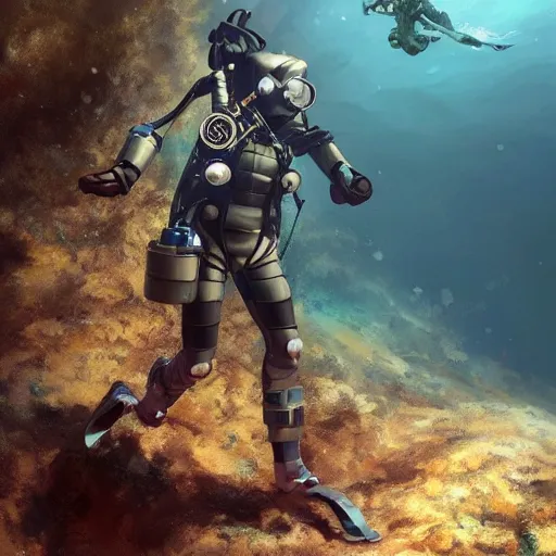 Image similar to a diver wearing full metal gear diving suit meets an unknown underwater species , made by Stanley Artgerm Lau, WLOP, Rossdraws, ArtStation, CGSociety, concept art, cgsociety, octane render, trending on artstation, artstationHD, artstationHQ, unreal engine, 4k, 8k,