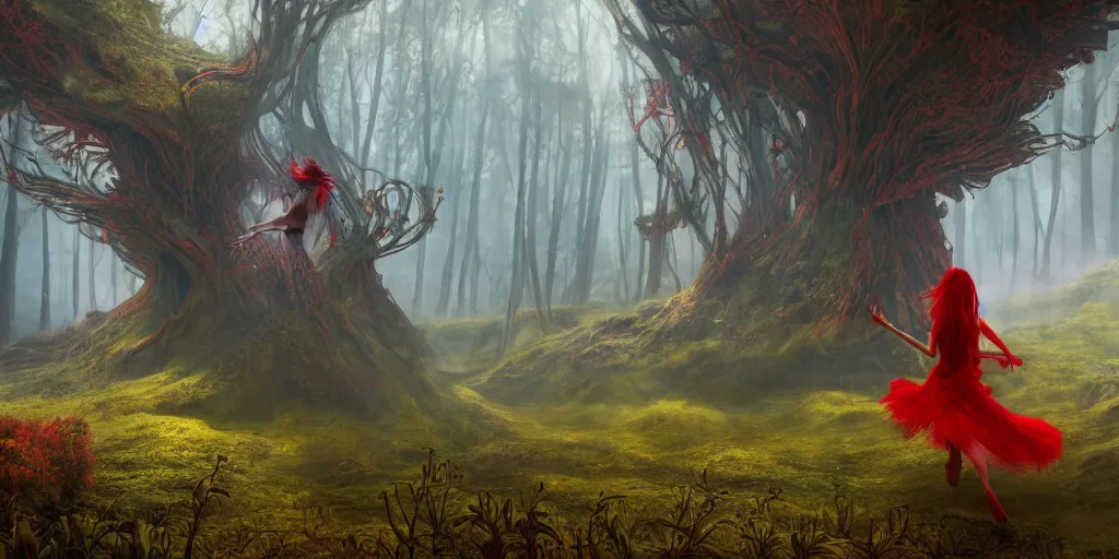 Prompt: a flying red fairy walking in a extra terrestrial forest landscape under a bright blue sky, hyper detailed, digital art, trending in artstation, cinematic lighting, studio quality, smooth render, unreal engine 5 rendered, octane rendered, art style by Zdzisław Beksiński and Giger and Brian Froud and Moebius