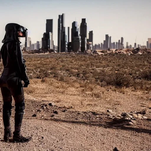 Image similar to photograph of a techwear woman, closeup, on a desert road with a futuristic city in the horizon, sigma 85mm f/1.4, 4k, depth of field, high resolution, 4k, 8k, hd, full color