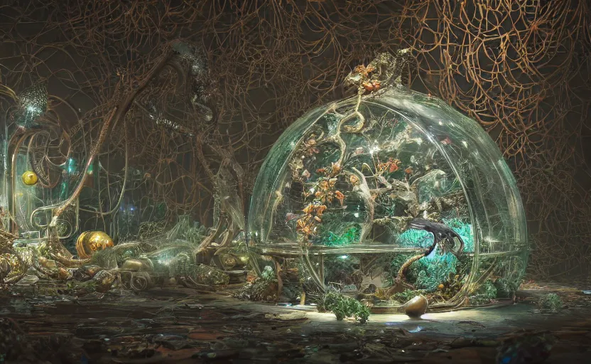 Prompt: ornate filigreed convoluted ornamented elaborate biopunk small rat, full body, iridescent, glass domes, glass panes, glowing lights, fronds, branches, dramatic lighting, product photography, simple brutalist concrete environment, 3 - d render, photorealism, unreal engine