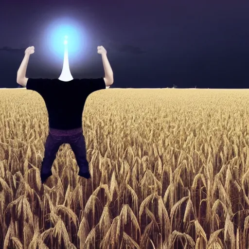 Image similar to UFO hovering over medieval peasant standing in wheat field while grey alien approaches from the distance