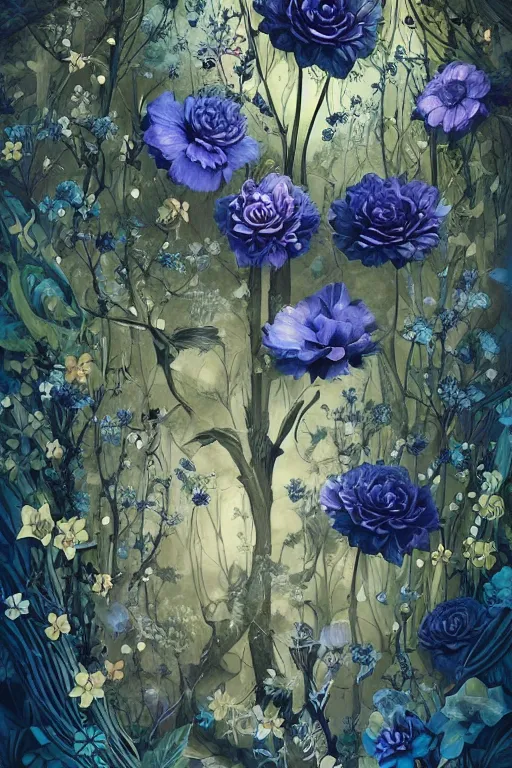 Prompt: beautiful digital matte painting of whimsical botanical illustration black and blue flowers enchanted dark background dark contrast by android jones, dollpunk