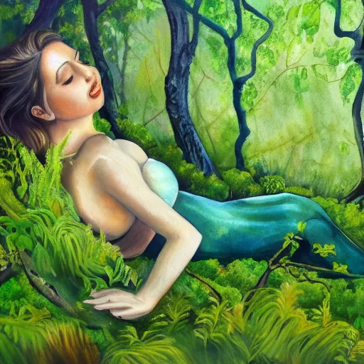 Image similar to a beautiful painting of a female laying down in a green forest, dense moss, lovely vines, watercolors