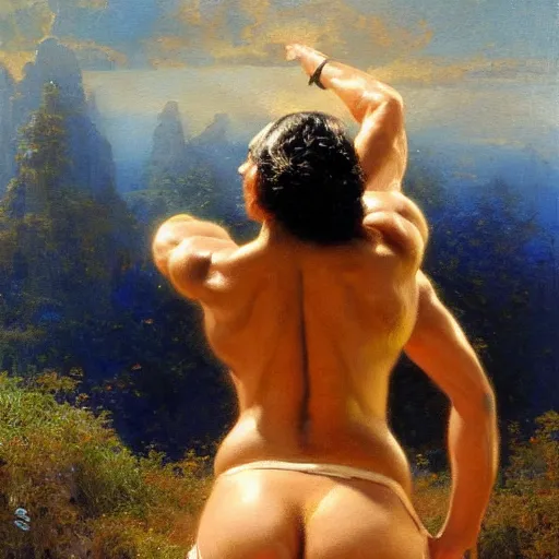 Prompt: muscular oiled sweat goddess laxmi from behind, highly detailed painting by gaston bussiere, craig mullins, j. c. leyendecker 8 k