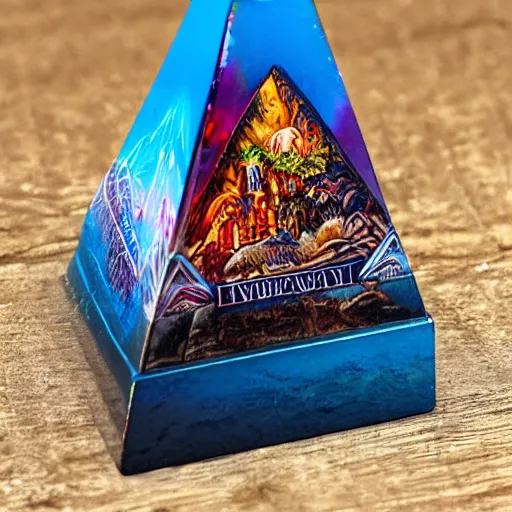 Image similar to flaming tall iridescent village pyramid puffin cove phantasm casket, by george lucas and mikhail larionov and dan mumford, 2 0 megapixels, tarot card, tilt shift