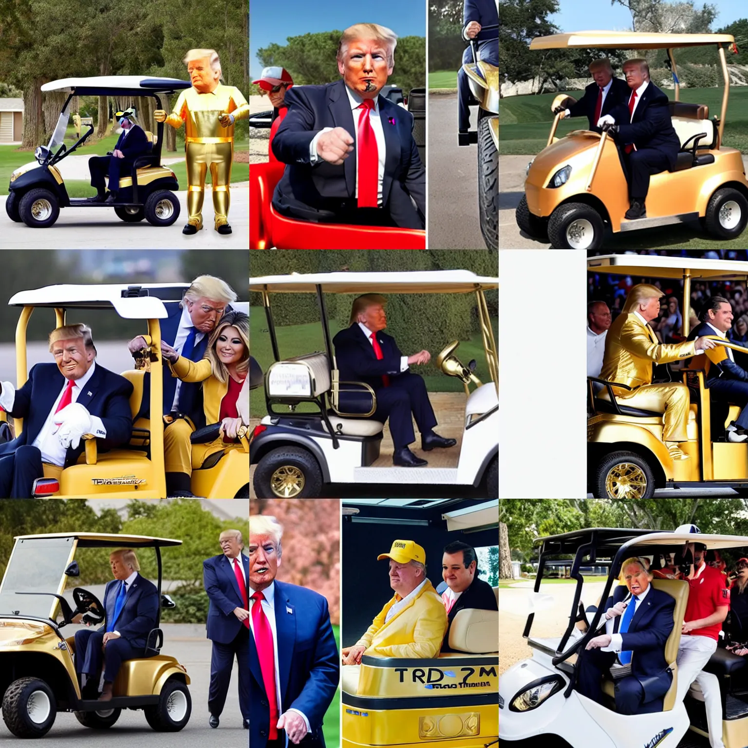 Prompt: photo of Donald trump in gold armor riding a golf cart that has ted cruz for a face