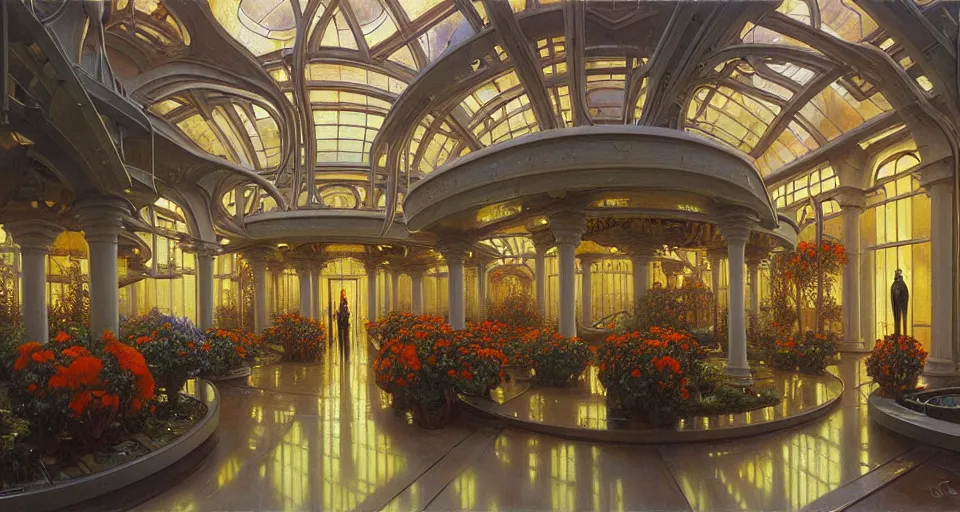 Image similar to a minimalist oil painting by donato giancola and james gurney vaulted ceilings, warm coloured, cinematic scifi luxurious futuristic foggy steam filled garden circular shopping mall interior with microscopy giant windows flowers growing out of pretty bulbous ceramic fountains, gigantic pillars and flowers, maschinen krieger, beeple, star trek, star wars